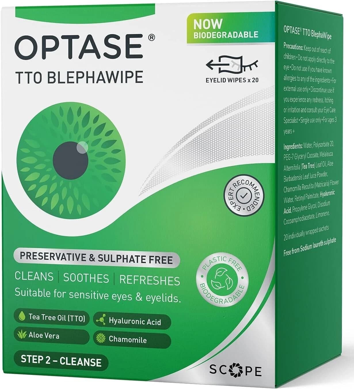 Optase Tea Tree Oil Eye Lid Wipes - Cleans, Soothes & Refreshes 20 Wipes