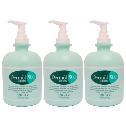 3 x Dermol 500 - Lotion Moisturiser Soap Substitute Antimicrobial Emollient GSL.