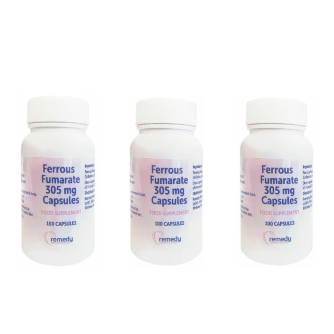 3 x Remedy Healthcare Ferrous Fumarate 305mg Iron - 100 Capsules Each | Effective Iron Supplement